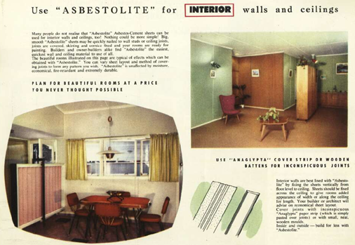 Source: Catalogue – Don’t dream…build! Your guide to building beautiful new style homes of “Asbestolite” asbestos-cement sheets – How to use “Asbestolite” for interior walls and ceilings