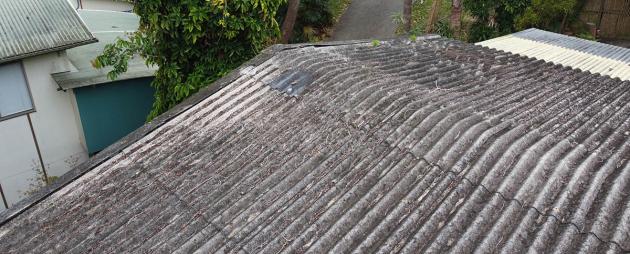 Weathered asbestos cement roof with mould and lichen