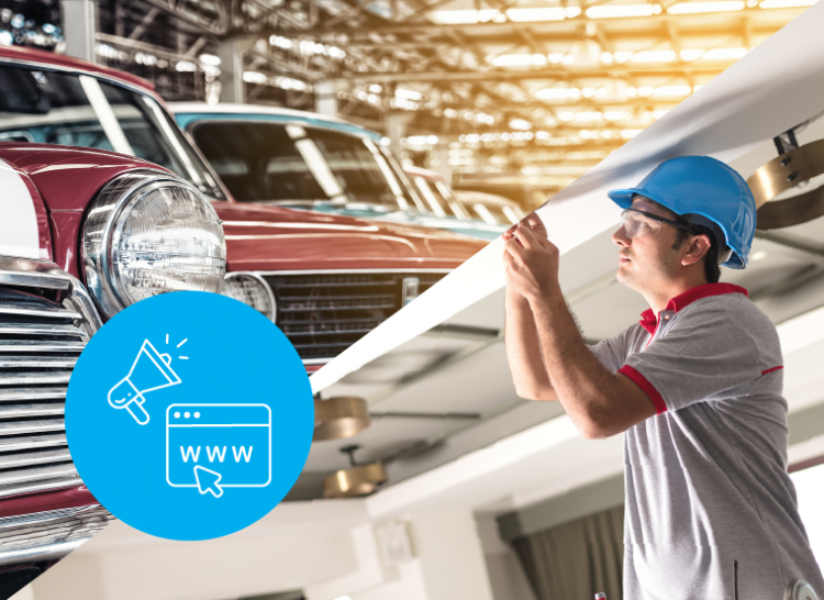 Two images, split diagonally, left side, some vintage cars, right side, a man installing something not in frame to the ceiling