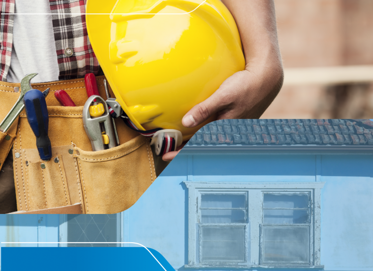 Image of a trades person holding a yellow hard hat, and an old fibro house