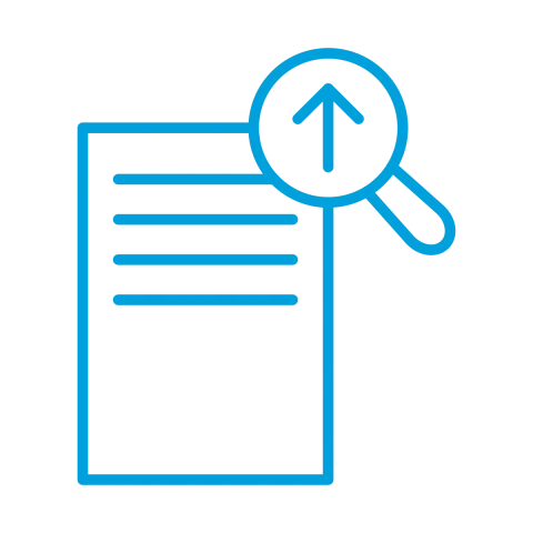 Icon of document being uploaded in blue