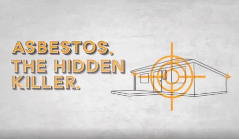 An image of a house with a crosshair target on it. The words "Asbestos, the hidden killers" appears next to it.