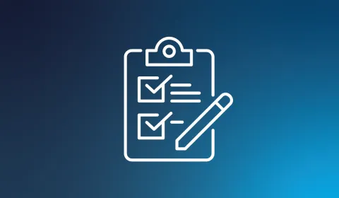 A white icon of a pencil taking a survey on a blue background