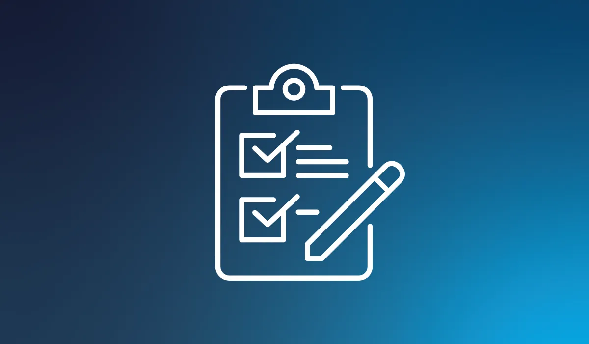 A white icon of a pencil taking a survey on a blue background